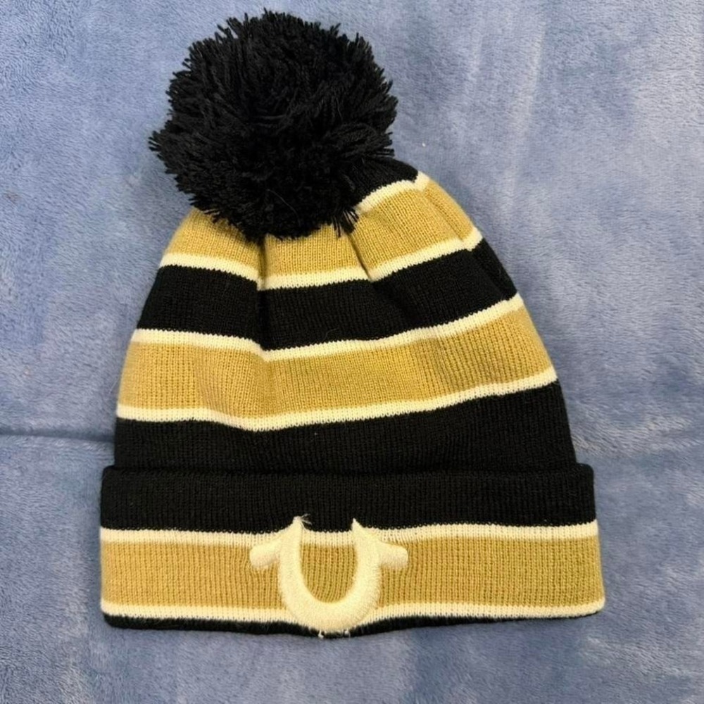True‎ Religion black and gold striped beanie with pom pom